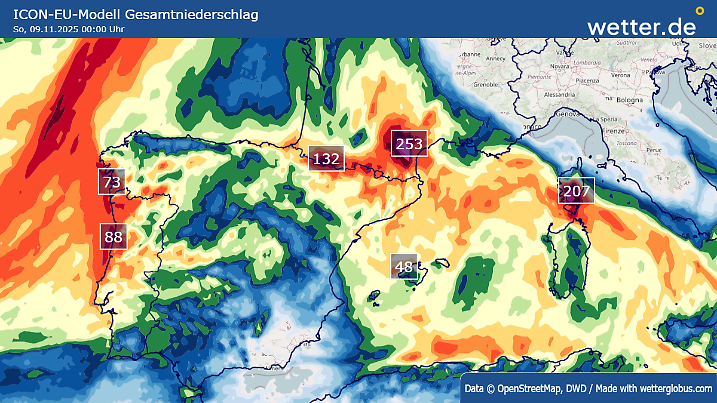 Niederschlagsmengen bis einschließlich Samstag, 8. November 2025 am westlichen Mittelmeer im ICON-Modell.
