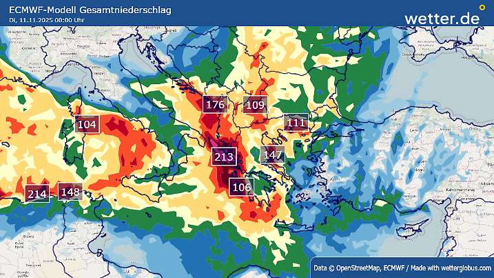 Niederschlagsmengen bis einschließlich Montag, 10. November 2025: Am zentralen bis östlichen Mittelmeer sind regional 100 bis 200 Liter Regen möglich.