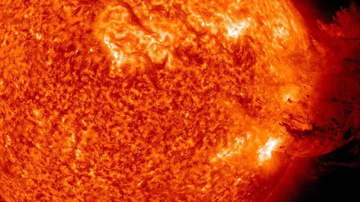 The Sun unleashed an M-2 (medium-sized) solar flare, an S1-class radiation storm and a spectacular coronal mass ejection (CME) on June 7, 2011. The large cloud of particles mushroomed up and fell back down looking as if it covered an area of almost half the solar surface as this image, taken by the Solar Dynamics Observatory, shows. Photo: NASA/dpa +++(c) dpa - Bildfunk+++