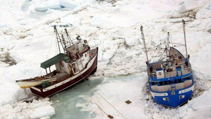 A Canadian Coast Guard handout picture made available 20 April 2007 shows Canadian seal hunting ships ice-bound off Newfoundland's northeast coast on 18 April 2007. Coast guard icebreakers were smashing through a massive expanse of pack ice Wednesday in a bid to free about 100 sealing vessels stuck off Newfoundland's northeast coast and southern Labrador. EPA/STF +++(c) dpa - Bildfunk+++