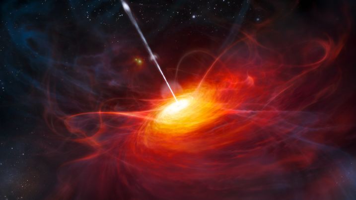 Ein europäisches Astronomenteam hat das bislang fernste kosmische Leuchtfeuer (künstlerische Dastellung) entdeckt. Der sogenannte Quasar strahlt in der unvorstellbaren Distanz von 12,9 Milliarden Lichtjahren, wie die Forscher im britischen Fachblatt «Nature» berichten. Ein Lichtjahr ist die Entfernung, die das Licht in einem Jahr zurücklegt, und entspricht knapp zehn Billionen Kilometern. Wegen seiner enormen Entfernung leuchtet das Objekt, das die wissenschaftliche Bezeichnung ULAS J1120+0541 trägt, aus dem jungen Universum zu uns. Sein Licht war 12,9 Milliarden Jahre unterwegs, der Kosmos ist etwa 13,7 Milliarden Jahre alt. Foto: ESO/M. Kornmesser dpa (ACHTUNG: Sperrfrist 29. Juni 1900)