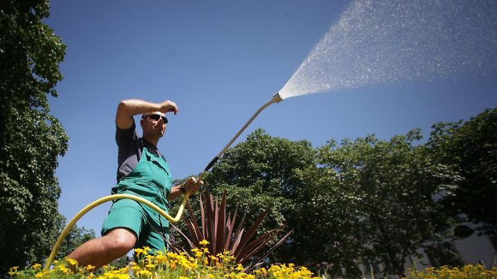 ARCHIV - Der Garten- und Landschaftsbauer Salvatore gießt am 16.07.2010 in der Innenstadt von Mainz ein Blumenbeet.  Foto: Fredrik von Erichsen/dpa    (zu dpa-Umfrage "Städtische Grünanlagen in Rheinland-Pfalz) +++(c) dpa - Bildfunk+++