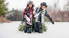 Multi-generational family go get his Christmas tree on the woodland of Papy. Sister and brother carrying the fir tree. They walking on the snow. The color and horizontal picture is taken in Quebec Canada.