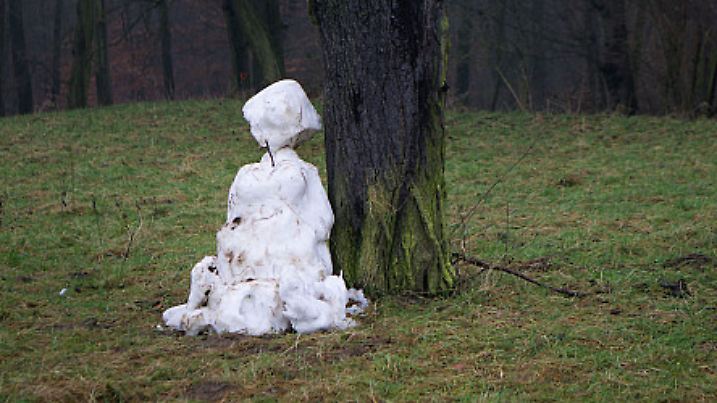 Ein dahinschmelzender Schneemann steht am 01.01.2015 in Bad Vilbel (Hessen) an einem Waldrand auf einer grünen Wiese. Die weiße Schneedecke, die hier lag, ist durch das  Tauwetter der letzten Tage schon gänzlich verschwunden. Foto: Frank Rumpenhorst/dpa +++(c) dpa - Bildfunk+++