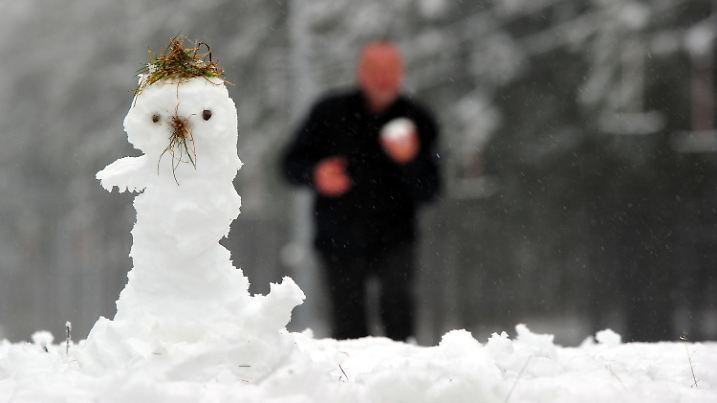 Ein Mann läuft am Dienstag (01.12.2009) auf dem 842 Meter hohen Fellberg oberhalb der Stadt Steinach (Kreis Sonneberg) durch rund fünf Zentimeter frisch gefallen Schnee an einem kleinen Schneemann vorbei. In der Nacht hatte es in den Höhenlagen der Thüringer Waldes ab einer Höhe von 700 Meter zu schneien begonnen. Größere Verkehrsbehinderungen wurden nicht gemeldet. Foto: Stefan Thomas dpa/lth +++(c) dpa - Bildfunk+++