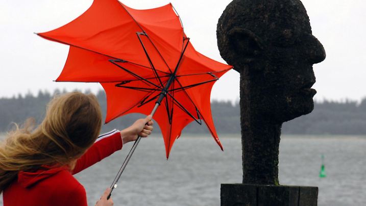 Eine Frau versucht am Mittwoch (27.06.2007) im Hafen von Greifswald ihren Regenschirm vor dem Sturm zu retten. Ein Sturmtief hat am Morgen des selben Tages mit orkanartigen Böen die Ostseeküste von Mecklenburg-Vorpommern erreicht. Die Wetterstation von Meteomedia auf Hiddensee registrierte nach Angaben von Meteorologen eine Windgeschwindigkeit von 137 Stundenkilometern. Der "Holzkopf" gehört zu einer Skulpturengruppe, die unter dem Titel "Die drei Weisen" an der Hafeneinfahrt des Fischerdorfes Wieck bei Greifswald vereilt ist. Foto: Stefan Sauer dpa/lmv +++(c) dpa - Bildfunk+++