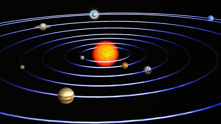 Sonnensystem mit der Sonne im Mittelpunkt und den Planeten Merkur, Venus, Erde,  Mars, Jupiter, Saturn, Uranus, Neptun / Solar system with the sun in the center and the planets mercury, venus, earth, mars, Jupiter, Saturn, Uranus, neptune | Verwendung weltweit, Keine Weitergabe an Wiederverkäufer.