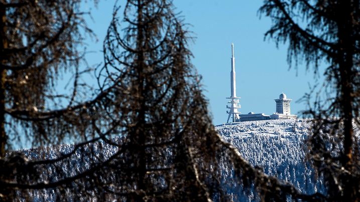 06.02.2018, Niedersachsen, Sonnenberg: Das Brockenplateau mit seiner Wetterstation ist vom Sonneberg hinter Fichten zu sehen. Foto: Swen Pförtner/dpa +++ dpa-Bildfunk +++