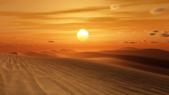 Wuestenlandschaft bei Sonnenuntergang, Computergrafik | desert landscape at sunset, computer graphic | Verwendung weltweit