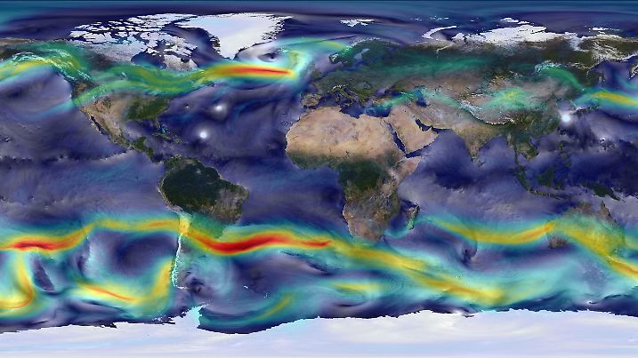 HANDOUT - Das am 22. November von der Nasa verbreitete Handout zeigt ein grafisches Modell der Erdatmosphäre, simuliert mit dem Goddard Earth Observing System Model (GEOS-5) der Nasa. Oberflächenwinde (von 0 bis 40 Metern pro Sekunde) werden weiß dargestellt und zeigen etwa Zyklone im Atlantik und Pazifik. Winde der oberen Luftschichten (von 0 bis 175 Metern pro Sekunde) werden je nach Geschwindigkeit eingefärbt, wobei rot schnellere Strömungen anzeigt. Die Simulation stammt aus dem Supercomputer Discover im Nasa Zentrum für Klimasimulation. Sie berücksichtigt Informationen wie Temperaturen der Meeresoberfläche, Abbrennen von Biomasse, vulkanische Aktivität oder Emissionen durch den Menschen und berechnet daraus Wetterphänomene wie Niederschläge oder Stürme. HANDOUT EDITORIAL USE ONLY - ACHTUNG REDAKTIONEN: Nur zur redaktionellen Verwendung bei vollständiger Nennung der Quelle: Nasa |