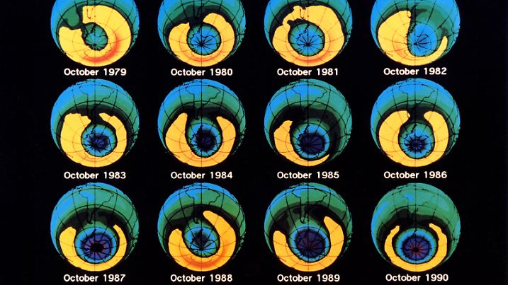 Globale Ozonsäulendichten für den Monat Oktober in den Jahren 1979 bis 1990 gemessen mit dem TOMS-Satelliteninstrument. Der neue GOME-Sensor ("Global Ozone Monitoring Experiment") auf dem Satelliten ERS-2 wird noch genauere Daten zur Ozonverteilung in der Atmoshäre liefern. Die DLR (Deutsche Forschungsanstalt für Luft- und Raumfahrt) wird diese Daten an Wissenschaftler im In- und Ausland weitergeben. (Undatiert). Foto: NASA/GSFC +++(c) dpa - Report+++ | Verwendung weltweit