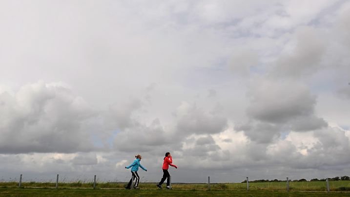 Bei starkem Westwind und schwerem Wolkenhimmel laufen diese beiden Mädchen am Donnerstag (09.07.2009) mit Inline-Skates auf der Deichlandschaft bei Spieka (Kreis Cuxhaven). Ab Freitag (10.07.2009) rollt die zweite große Ferienwelle der Saison 2009 an die norddeutsche Küste. Für das Wochenende müssen sich die Touristen auf wechselhaftes, etwas kühleres Wetter einstellen. Foto: Ingo Wagner dpa/lni (Zur Tourismus-Umfrage in Niedersachsen vom 10.07.2009) +++(c) dpa - Report+++ | Verwendung weltweit