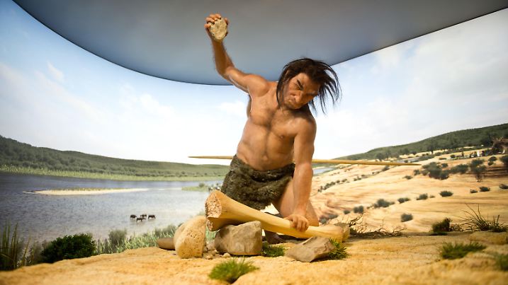 Eine Figur eines Steinheimer Urmenschen (homo heidelbergensis) aus der Holstein-Warmzeit vor 415 000 - 400 000 Jahren ist am 12.05.2015 in Stuttgart (Baden-Württemberg) in der Dauerausstellung «Eiszeit» des Staatlichen Museums für Naturkunde zu sehen. Die Ausstellung mit Nachbildungen von Mammuts und Urmenschen aus dem Neckartal ist für Besucher ab den 14. Mai offiziell geöffnet. Foto: Daniel Naupold/dpa | Verwendung weltweit
