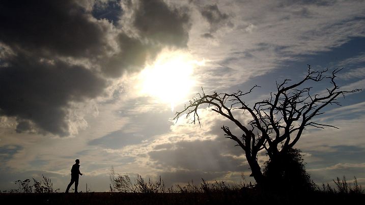 Beeskow (Brandenburg): Pünktlich zum Herbstanfang ziehen dunkle Wolken, gemischt mit Regen und kurzem Sonnenschein, am 23.09.2003 über ein Feld nahe dem brandenburgischen Beeskow. Das Tiefdruckgebiet "Yan" brachte am Dienstag eine Kaltfront und damit einen abrupten Wetterumschwung. Die Temperaturen fielen schlagartig um etwa zehn Grad. Nach den Wettervorhersagen der Meteorologen wird es innerhalb der nächsten Tage zwar trocken und freundlich sein, mit den sommerlichen Temperaturen ist es aber vorbei. (FFO04-230903) | Verwendung weltweit