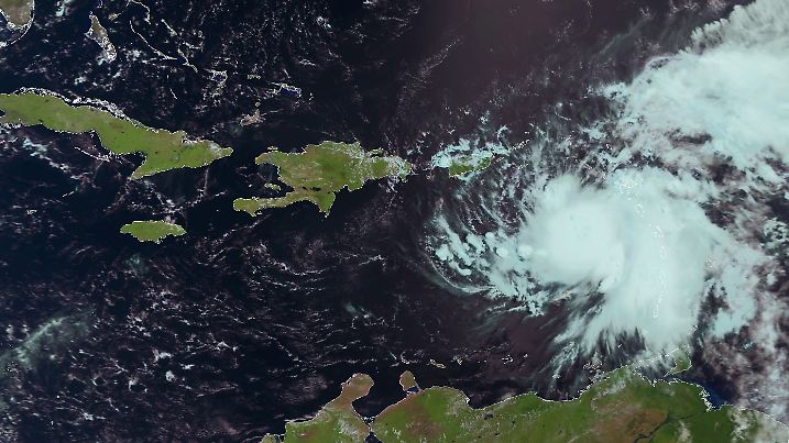 epa02853380 A satellite image provided by EUMETSAT on 03 August 2011 of the Tropical Storm Emily (CR), southeast of Puerto Rico, captured by the Advanced Very High Resolution Radiometer (AVHRR) instrument onboard EUMETSAT's polar orbiting satellite Metop-A on 02 August 2011 at 14.13 UTC. Tropical storm Emily formed late 01 August in the Caribbean, although it remained "poorly organized" according to the Miami-based US National Hurricane Center (NHC). Emily was located 435 kilometres south-east of San Juan, Puerto Rico, with sustained winds of up to 65 kilometres per hour and higher gusts. A tropical storm warning was in effect for Haiti, the Dominican Republic and Puerto Rico. In these countries, heavy rain could cause dangerous mudslides and flooding, and the storm could also lead to large waves. EPA/EUMETSAT 2011/HANDOUT HANDOUT EDITORIAL USE ONLY/NO SALES |