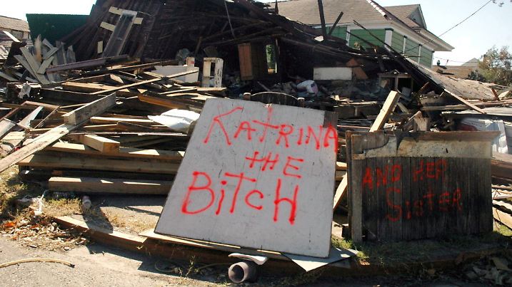 epa04899233 (FILE) A file picture dated 26 October 2005 of an explicit lettering outside a house destroyed by Hurricane Katrina in the Lower Ninth Ward of New Orleans, Louisiana, USA. Hurricane Katrina made landfall in Louisiana on 29 August 2005 and devastated New Orleans when the city's levee system failed. More than 1,800 people were killed and some 1.3 million people on the US Gulf Coast lost their homes and livelihoods. It caused an estimated 81 billion US dollars worth of damage, making it the costliest natural disaster the country has ever seen. EPA/DAVID RAE MORRIS