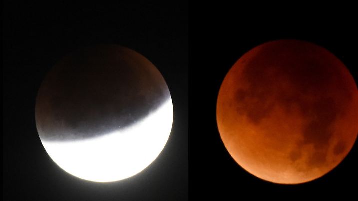 Die Bildkombo zeigt drei Phasen der Mondfinsternis am 28.09.2015 am Himmel über Aukrug (Schleswig-Holstein). Der Erdtrabant ist mit einem roten Schimmer auch als «Blutmond» zu beobachten. Langwelliges Licht wird von der Erdatmosphäre in den Schattenkegel gestreut und sorgt für den speziellen Farbton. Zudem wirkt der Mond größer, da er unserem Planeten besonders nahe ist. Foto: Carsten Rehder/dpa +++(c) dpa - Bildfunk+++