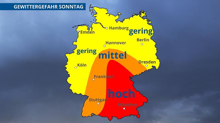Die Gewittergefahr am Sonntag ist im Südosten am größten, aber eine ortsgenaue Prognose ist nicht möglich.