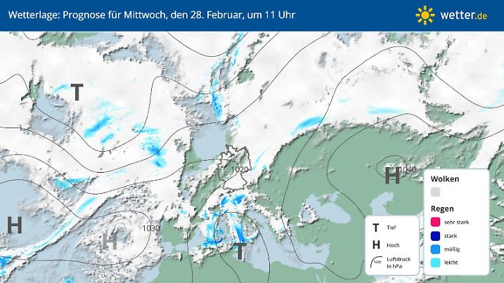 Die Grafik zeigt die Wetterlage am Mittwoch, 28.02.2024