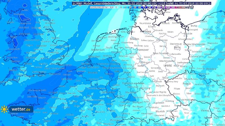Die Grafik zeigt die Niederschläge bis einschließlich Freitag nach dem europäischen Modell ECMWF