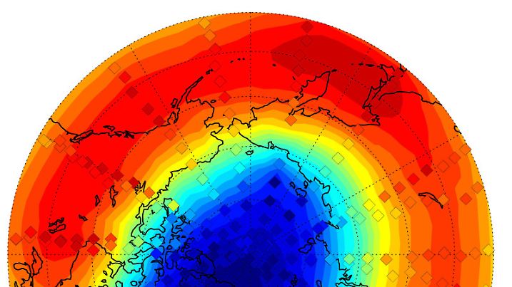 FILE - Arctic temperature field for 6 March 2011 when ozone depletion started. This field was derived from MIPAS measurements at 50 hPa. Photo ESA/ Karlsruher Institut für Technologie (KIT) dpa (zu dpa "Ozonloch in der Arktis - mehr ungefilterte UV-Strahlen" vom 02.10.2011) REDAKTIONSHINWEIS: Sperrfrist bis 02.10.2011 um 19.00 +++(c) dpa - Bildfunk+++