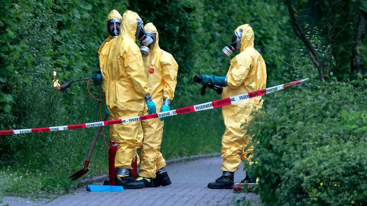 26.05.2019, Nordrhein-Westfalen, Iserlohn: Feuerwehrleute sind mit Gasbrennern im Einsatz. Raupen des Eichenprozessionsspinners haben in Iserlohn für eine Straßensperrung gesorgt. Foto: Markus Klümper/visual inform/dpa +++ dpa-Bildfunk +++