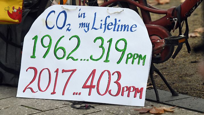 Ein Schild in der Nähe des Tagungsortes des Weltklimagipfels zeigt am 06.11.2017 in Bonn (Nordrhein-Westfalen) die Entwicklung der Kohlendioxid-Konzentration in der Luft seit 1962. Foto: Henning Kaiser/dpa +++(c) dpa - Bildfunk+++