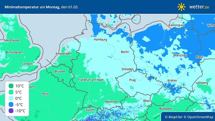 Die Grafik zeigt die Tiefsttemperaturen in Deutschland in der Nacht zum 1. Mai.