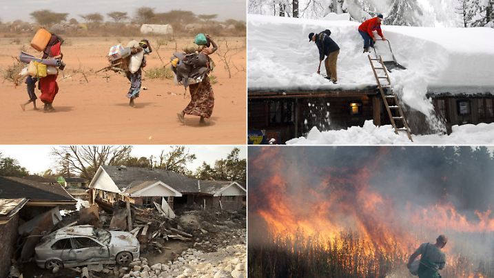ARCHIV - Eine Bildkombo zeigt Naturkatastrophen wie die Dürre in Ostafrika 2011 (oben links), den sehr schneereichen Winter in Deutschland 2006 (oben rechts), die Wirbelsturm Katrina in den USA 2006 (unten links) und die Wald- und Torfbrände in Russland 2010. Kurz vor Beginn des UN-Klimagipfels in Durban rüttelt ein neuer Bericht des Weltklimarats auf. Experten zufolge wird die globale Erderwärmung zu immer extremeren Wetterbedingungen führen. Foto: Frank Leonhardt/Boris Roessler/Sergej Chirikow/Bevil Knapp   dpa   (zu dpa «Weltklimarat warnt vor extremen Wetterphänomenen wegen Erderwärmung» vom 18.11.2011)  +++(c) dpa - Bildfunk+++