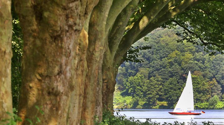 Ein Segelboot gleitet am 10.07.2016 auf dem Baldeneysee in Essen (Nordrhein-Westfalen) über das Wasser. Bei Temperaturen von rund 27 Grad und Sonnenschein treibt es viele Menschen am Wochenende ans Wasser. Foto: Roland Weihrauch/dpa +++(c) dpa - Bildfunk+++
