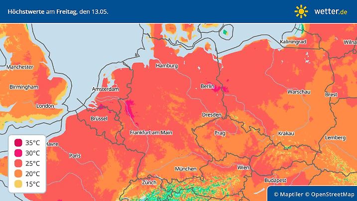 Prognose der Höchstwerte in Deutschland am 13. Mai 2022 - bei Spitzen über 30 Grad wäre an die Eisheiligen wohl nicht zu denken.