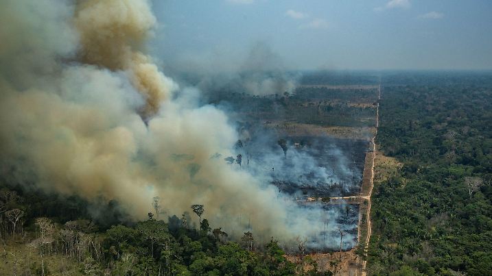 HANDOUT - 24.08.2019, Brasilien, Rondonia: Auf diesem von Greenpeace Brasilien zur Verfügung gestellten Bild steigt Rauch bei einem Brand nahe der Stadt Caneiras do Jamari in Rondonia. Angesichts der verheerenden Waldbrände im Amazonasgebiet setzt die brasilianische Regierung nun Soldaten bei den Löscharbeiten und der Verfolgung von Brandstiftern ein. Foto: Victor Moriyama/Greenpeace Brazil/dpa - ACHTUNG: Nur zur redaktionellen Verwendung im Zusammenhang mit der aktuellen Berichterstattung und nur mit vollständiger Nennung des vorstehenden Credits +++ dpa-Bildfunk +++