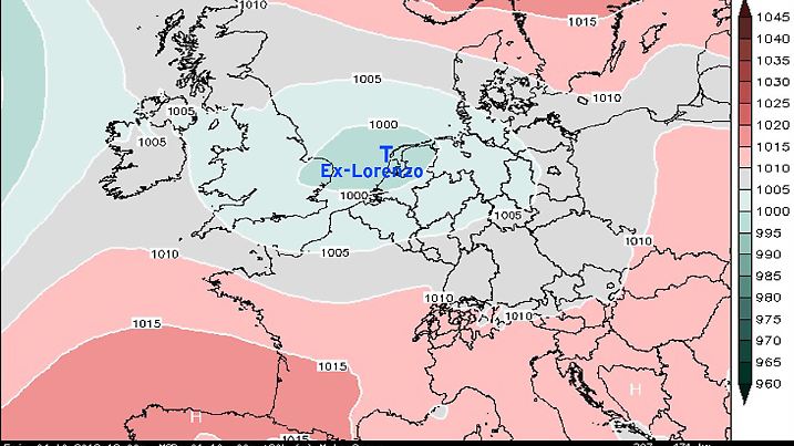 Nach dem Ecmwf-Wettermodell erreicht der Ex-Hurrikan Lorenzo am Freitag unter Abschwächung Deutschland